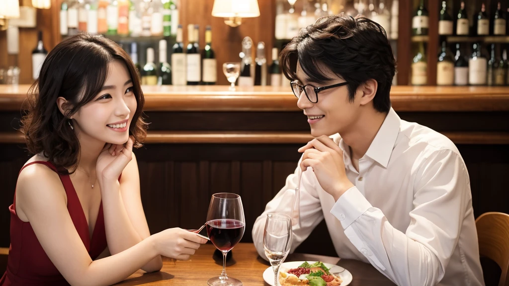 (masterpiece:1.2), high quality, High resolution, High-definition images like those taken with a high-end camera、Two people, male and female、sitting next to each other in chairs、There is food on the table、The man is a 24-year-old Japanese man.、Cut your hair short、Wearing glasses、Looks quiet、Black Hair、Curly hair、Holding a wine glass with red wine、The woman is an 18-year-old Japanese woman.、A lovely smile while drinking、holding a wine glass filled with white wine、The location is a dimly lit bar
