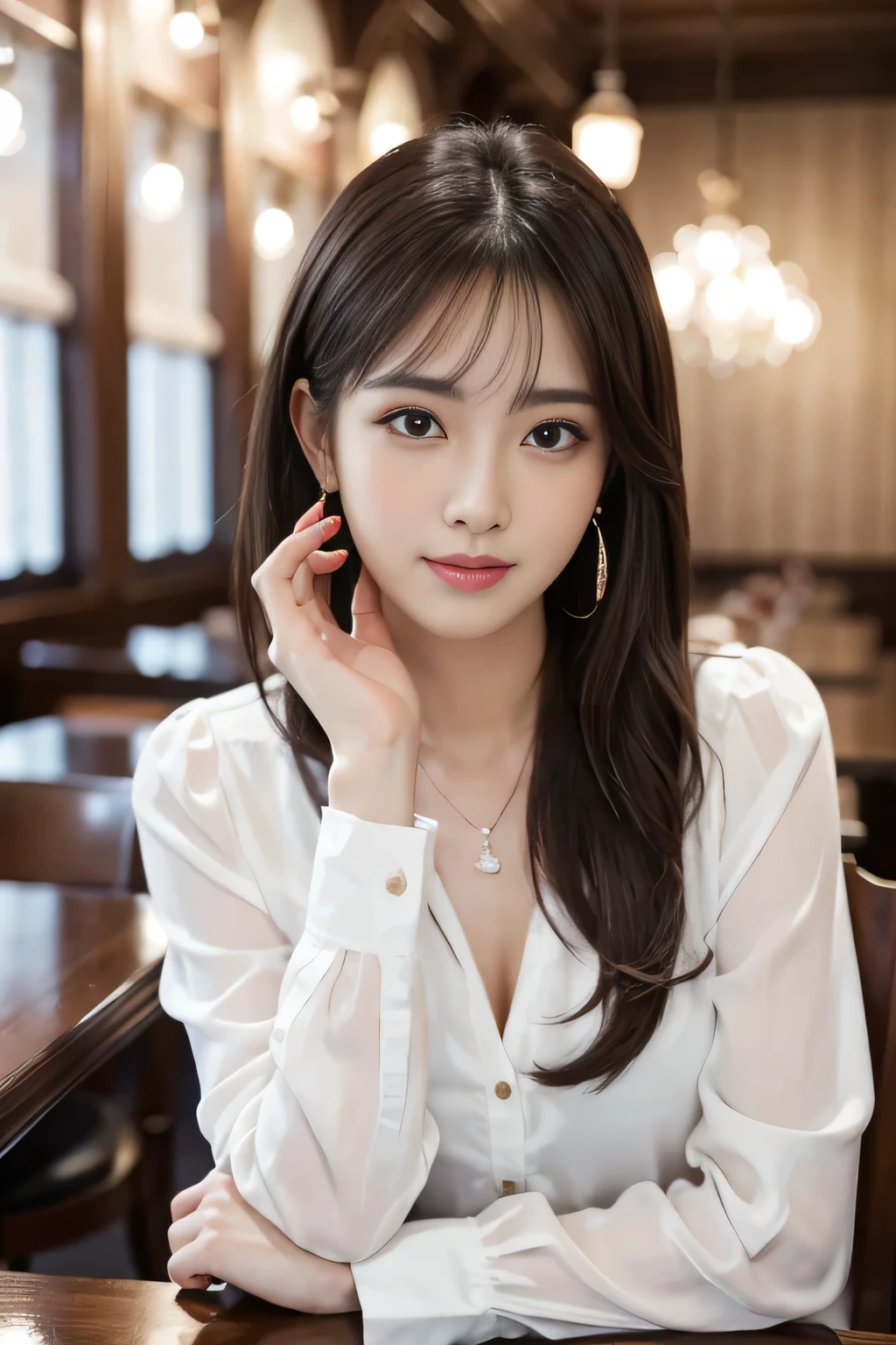masterpiece, highest quality, Realistic, Very detailed, Finer details, High resolution, 8k wallpaper, One beautiful woman, Wear an elegant white see-through blouse, In a great restaurant, At night, Light brown messy hair, Perfect dynamic composition, Beautiful and beautiful eyes、Big earrings、Sitting in a chair、