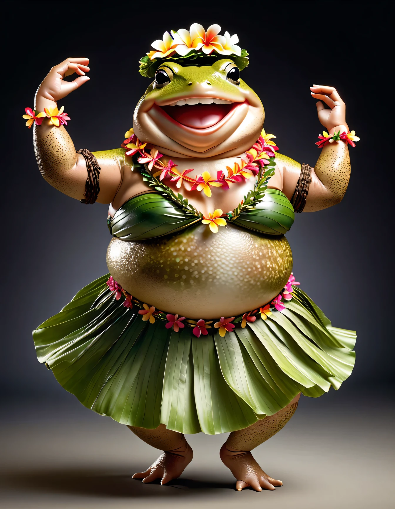 photorealistic portrait of Dressed animals - a ((fat)) ((toad)) hula dancer,(hula dancing:2.0), (swinging arms :2.0),(happy smile:2.0),high quality,(happy),(lovely) ,intricate details, [natural toad skin texture], highly detailed ((female hula dance costume)) ,highly detailed decorations, wearing (bikini) aloha shirts and flower lei , (happy), studio lighting,(full body image:1.5),simple background,(viewed from side:2.0),(perfect hands)