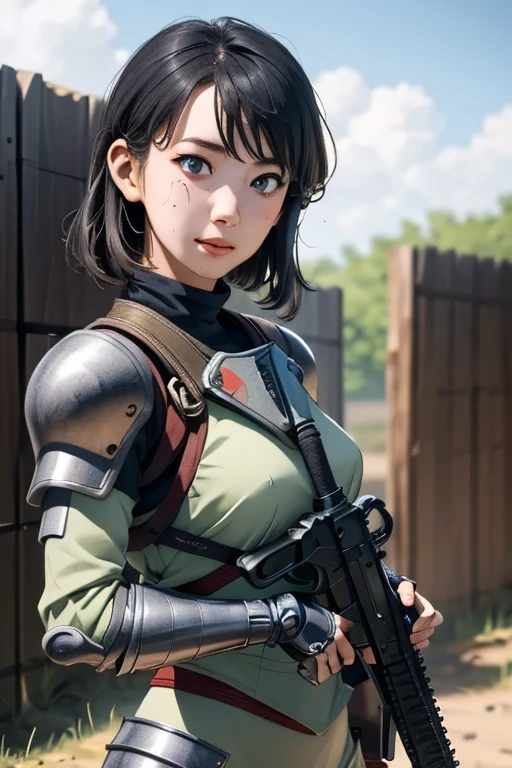 survival game、Heavy Armored Soldier、survival gameのフィールド、A beautiful girl is holding a firearm、head to waste、Vulcan cannon、m134 milligun、Material Rifle、heavy machine gun、
