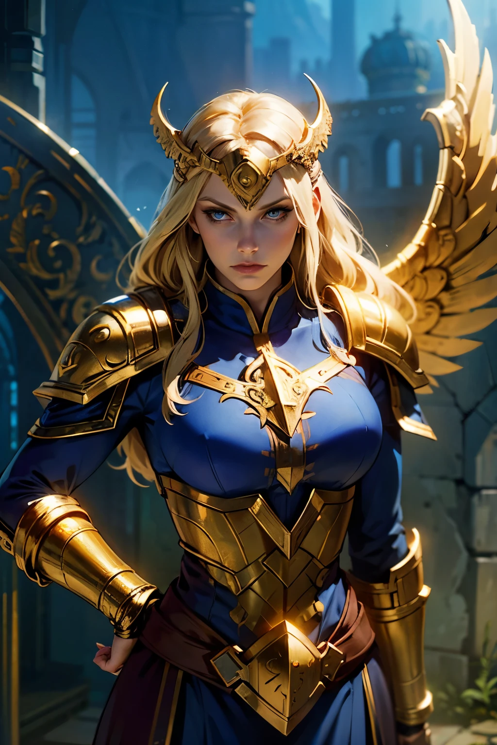 a blonde Asgardian heroine. She wears dark blue armor, gold trim, (((Norse helm with gold wings))), armored glove, deep v neck. stern expression. blond hair, long hair, blue eyes, (detailed eyes, detailed face), detailed hands, pretty face, round cheeks, soft face. heavy gauntlet covers one hand, armoured boots. Show her in a heroic pose with hands on her hips. castle ruins background. volumetric lighting
