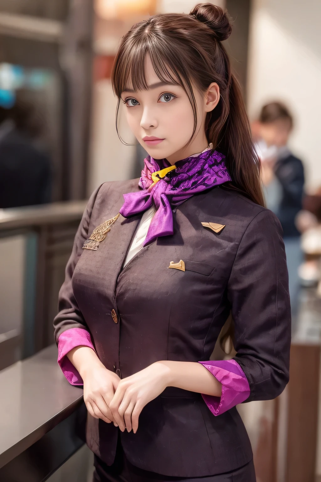 (masterpiece:1.2、highest quality:1.2)、32K HDR、High resolution、(alone、1 girl、Slim figure)、（Realistic reproduction of Etihad Airways flight attendant uniforms）、 (At the airport counter, Professional Lighting)、A proper woman, Beautiful Face,、（Etihad Airways flight attendant long sleeve uniform）、（Etihad Airways flight attendant uniforms、Skirt with purple stripes on the front）、（scarf on chest）、Big Breasts、（long hair、Hair Bun）、Dark brown hair、Long Shot、（（Great hands：2.0））、（（Harmonious body proportions：1.5））、（（Normal limbs：2.0））、（（Normal finger：2.0））、（（Delicate eyes：2.0））、（（Normal eyes：2.0））)、Beautiful standing posture、Captivating look