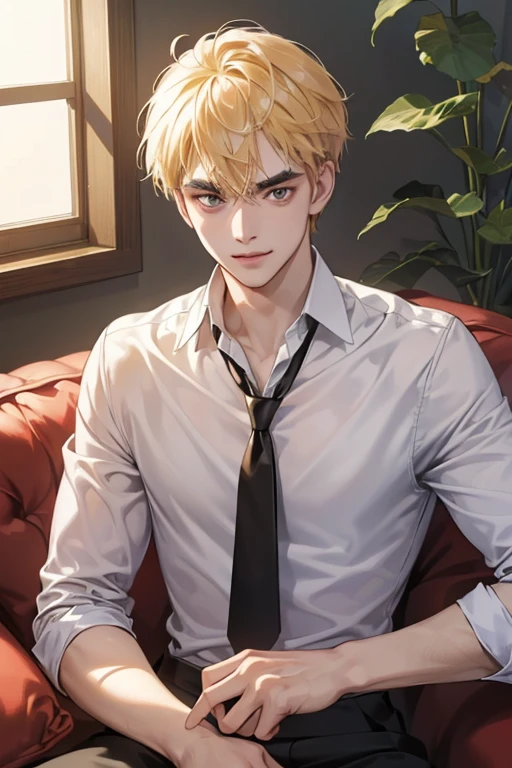 (masutepiece, Digital Art, Digital Illustration, 4K, 8K, Ultra-detailed, beautiful image, Sharp Image, Photorealistic, Raw photo, Perfect face, Perfect lines, Perfect eyes, Soft lighting) 1 male human, (a blond,Brown eyes,hair between eye,hair messy,short-hair,deadpan,Goofy face,Parallel eyebrows,Narrow-eyed,kindly smile,ember,28 years old:1.3),Handsome men, (ember,Business Shirt,neck tie,Thin macho,Firm shoulder width,Adult male:1.2),small plants,Sleepy face,Frantically opening your eyes,Loosen your tie,5 minutes before work,Living alone in a 1LDK,Hairstyle check,inside in room,Simple sofa,Double sofa