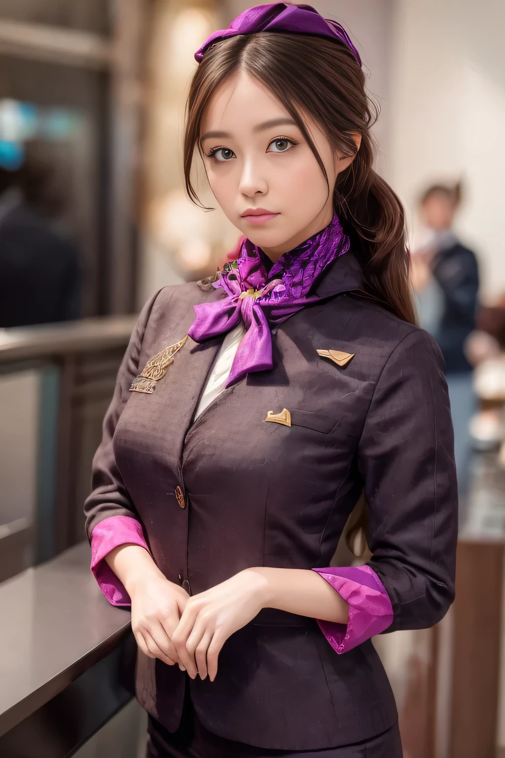 (masterpiece:1.2、highest quality:1.2)、32K HDR、High resolution、(alone、1 girl、Slim figure)、（Realistic reproduction of Etihad Airways flight attendant uniforms）、 (At the airport counter, Professional Lighting)、A proper woman, Beautiful Face,、（Etihad Airways flight attendant long sleeve uniform）、（Etihad Airways flight attendant uniforms、Skirt with purple stripes on the front）、（scarf on chest）、Big Breasts、（long hair、Hair Bun）、Dark brown hair、Long Shot、（（Great hands：2.0））、（（Harmonious body proportions：1.5））、（（Normal limbs：2.0））、（（Normal finger：2.0））、（（Delicate eyes：2.0））、（（Normal eyes：2.0））)、Beautiful standing posture、Captivating look