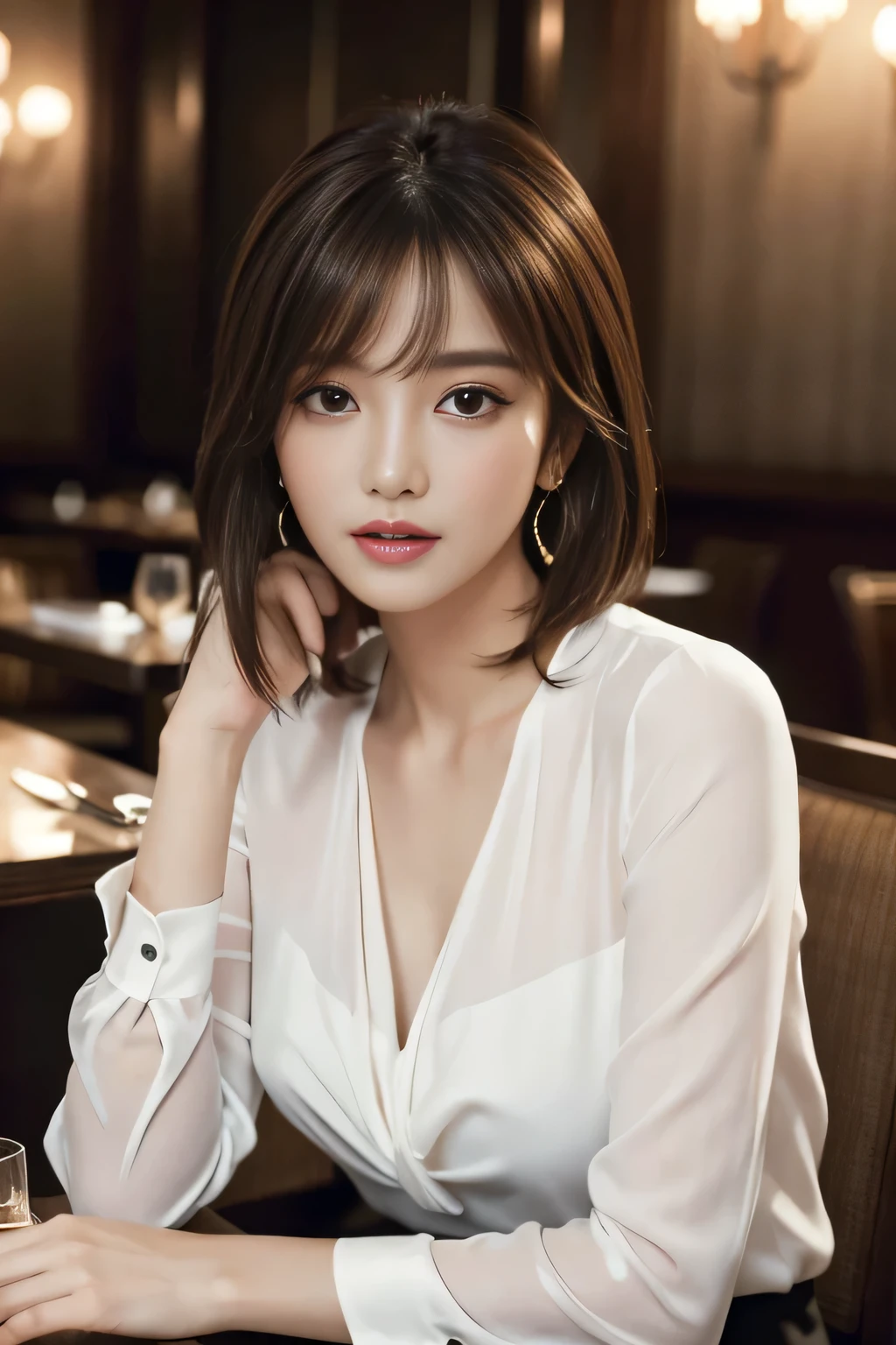 masterpiece, highest quality, Realistic, Very detailed, Finer details, High resolution, 8k wallpaper, One beautiful woman, Wear an elegant white see-through blouse, In a great restaurant, At night, Light brown shaggy haircut, Perfect dynamic composition, Beautiful and beautiful eyes、Big earrings、Sitting in a chair