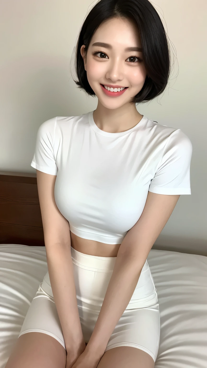 White tight shirt、White tight mini skirt、bed、smile、Short sleeve、high resolution、Korean idol face、double eyelid、White teeth、Medium Hair、Black Hair