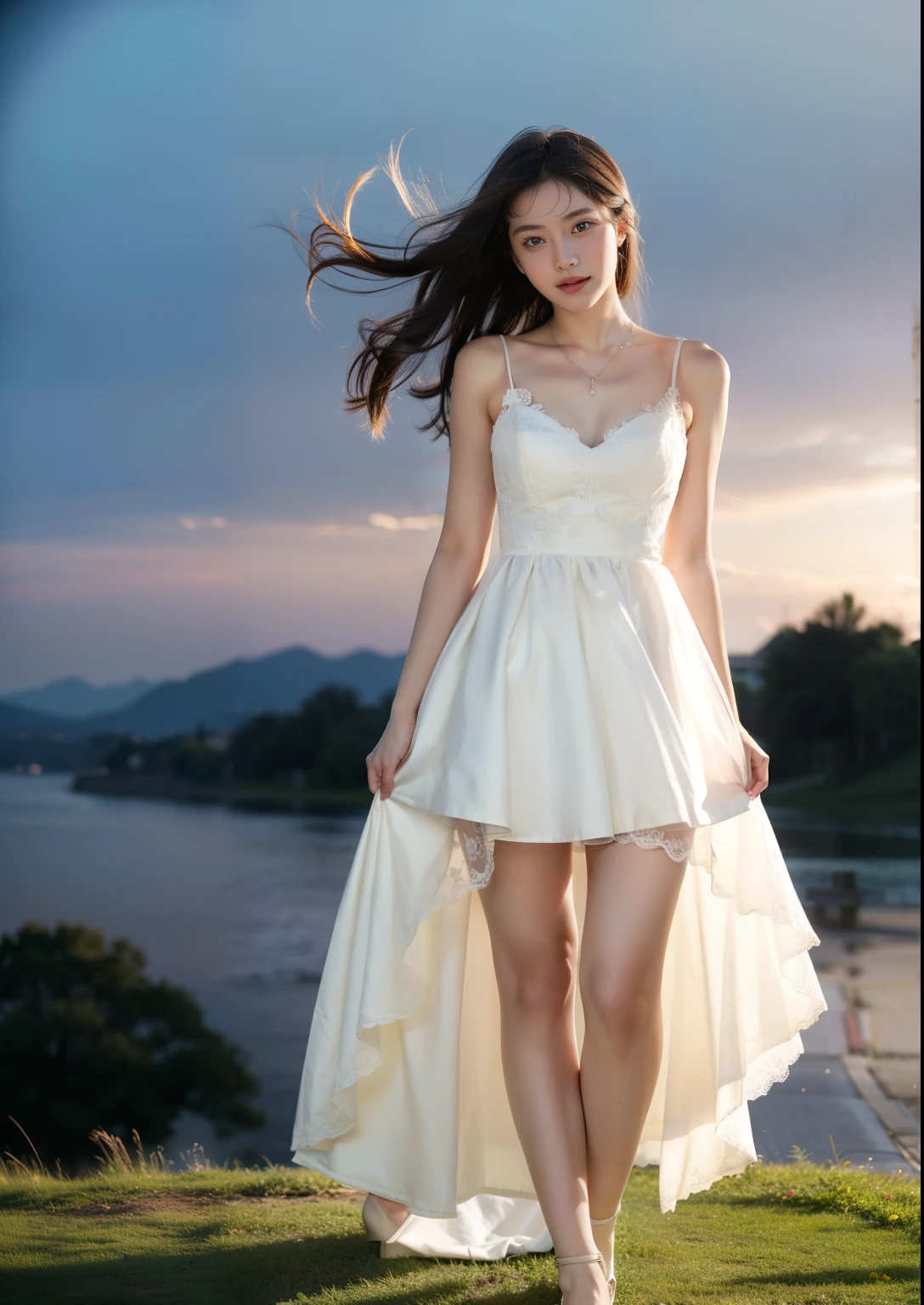 Beautiful 17 year old tall and slender woman。She is smiling. Her leg is very long.She is wearing a wedding dress. She is illuminated by sunset light. the evening church lights is on . her black hair. High resolution、masterpiece、highest quality、頭w:1.0、((Hasselblad Photos))、fine skin、(movie lighting)、clavicle . full body picture.