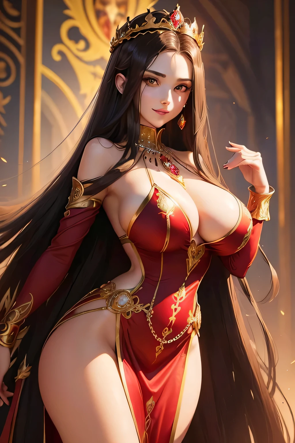 sexy white girl (black eyes, long hair ((brown hair, straight hair, elegant hairstyle)), evil smile, sexy hourglass body (very large breasts, smallest waist) golden crown, wearing a lot of jewelry, royal dress (red dress, royal queen dress with jewels on it)