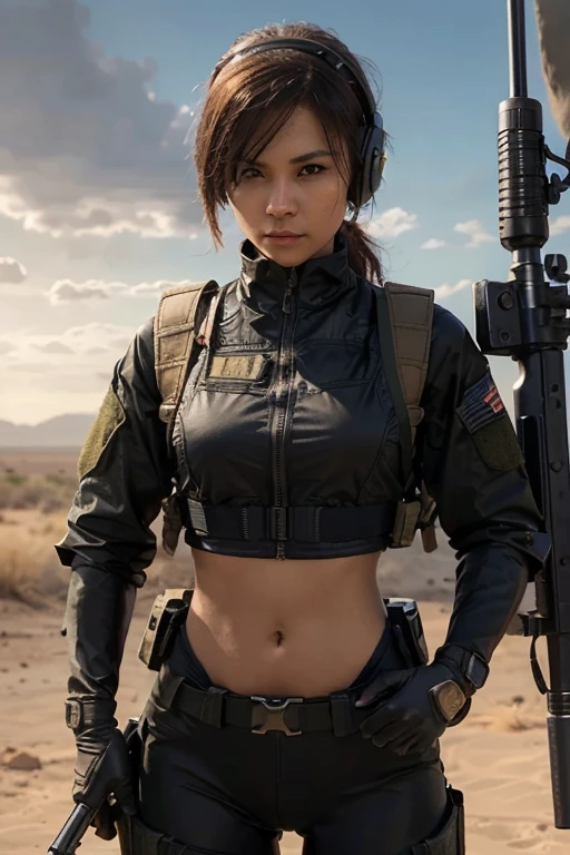 a woman in a black outfit holding a rifle and wearing headphones, 24-year-old woman, Filipino woman, tan bronze skin, soldier girl, mechanized soldier girl, military girl, beautiful female soldier, female lead character, infantry girl, of a sniper girl in war, solo female character, future combat gear, close up half body shot, Women in crop top military bulletproof vest, showing navel, quiet from metal gear solid v, wearing tactical gear, dressed in tactical armor