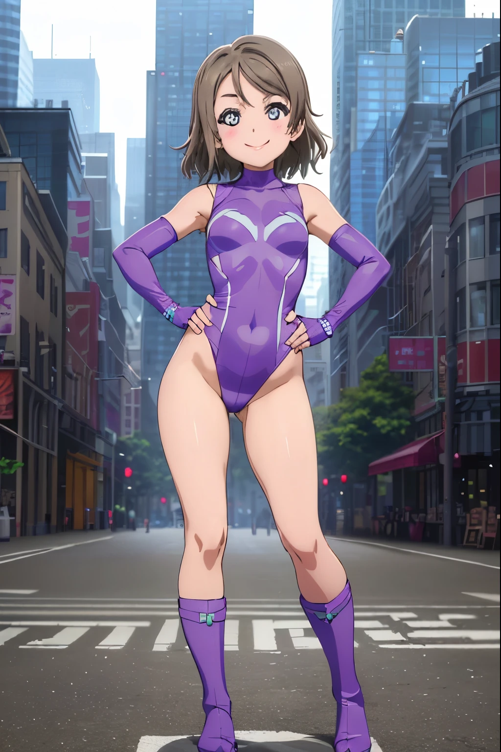 (((Pixel Perfect, Perfect in every detail))), alone, single, alone focus, One girl, Yu Watanabe, View Viewer, smile, Superhero, Purple leotard, highleg leotard, barefoot, boots, Are standing, Hands on hips,Urban Background, No sleeve, Ultra-high resolution, Absurd, ((Only 5 fingers)), Perfect body, Good balance