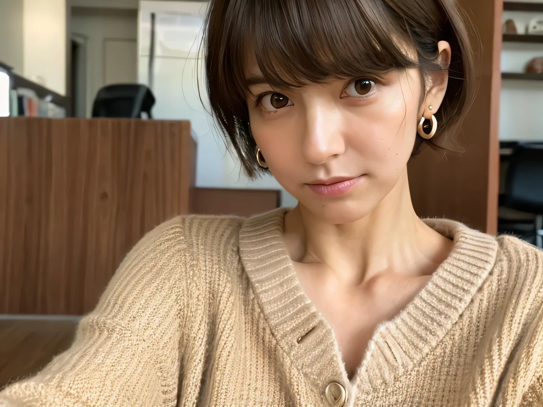 Look into the eyes,　Eye contact,　Front of face,　Front face,　face,　head,　Cross-legged,　indoor,　Brown Hair,　bangs,　cardigan,　Sweat,　clavicle,　shoulder,　Cross-legged,　chest,　Earrings,　Skin Moisture,　The gaze looking down on me,　Look at me,　Breast head peek,　short hair