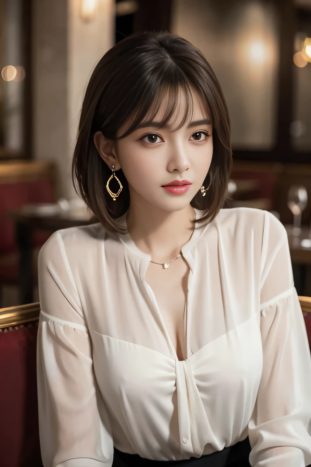 masterpiece, highest quality, Realistic, Very detailed, Finer details, High resolution, 8k wallpaper, One beautiful woman, Wear an elegant white see-through blouse, In a great restaurant, At night, Light brown shaggy haircut, Perfect dynamic composition, Beautiful and beautiful eyes、Big earrings、Sitting in a chair、