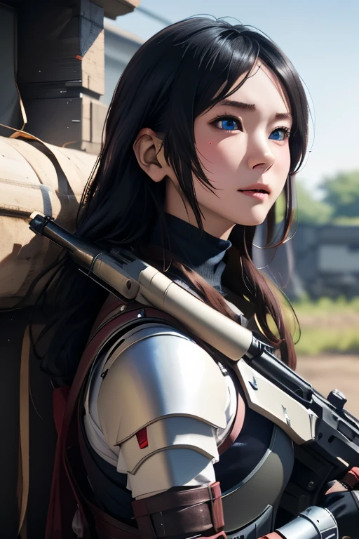 survival game、Heavy Armored Soldier、survival gameのフィールド、A beautiful girl is holding a firearm、head to waste、Vulcan cannon、m134 milligun、Material Rifle、heavy machine gun、