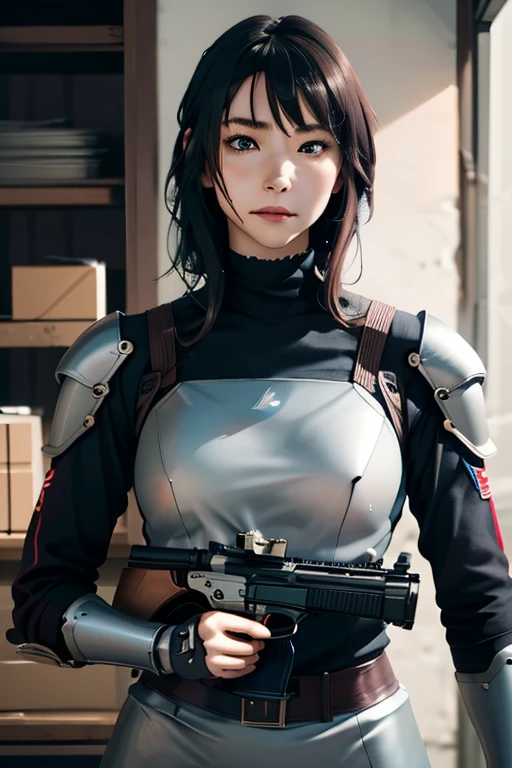 survival game、Heavy Armored Soldier、survival gameのフィールド、A beautiful girl is holding a firearm、head to waste、Vulcan cannon、m134 milligun、Material Rifle、heavy machine gun、