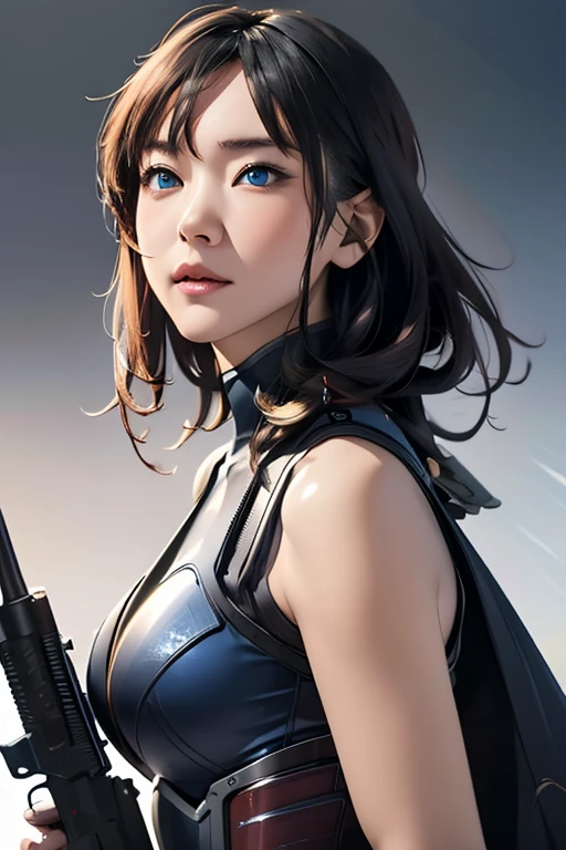 survival game、Heavy Armored Soldier、survival gameのフィールド、A beautiful girl is holding a firearm、head to waste、Vulcan cannon、m134 milligun、Material Rifle、heavy machine gun、