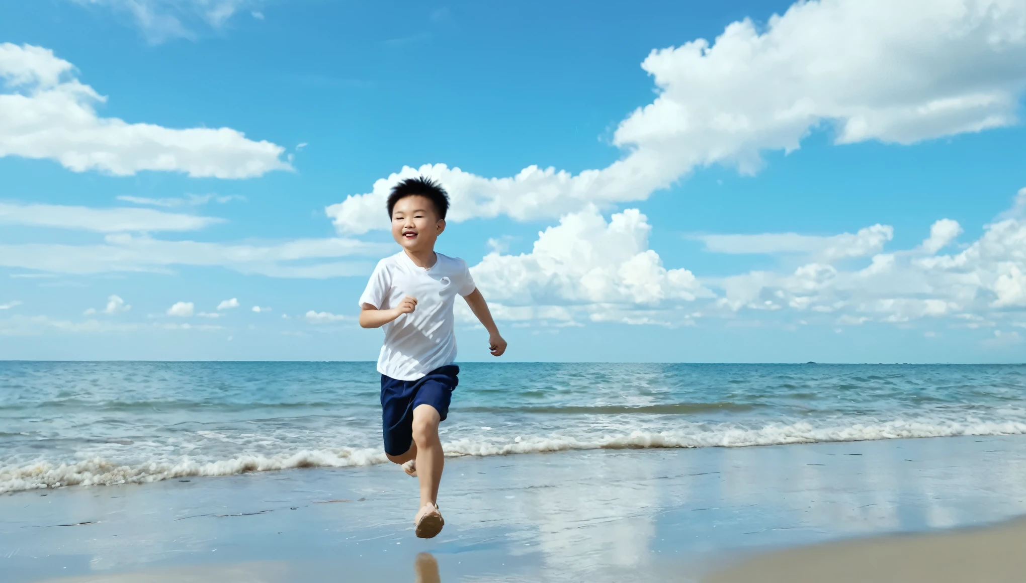 On the beach,A Chinese boy,Sunny and handsome,Run on the beach,Blue sky and white clouds,HD,8k,