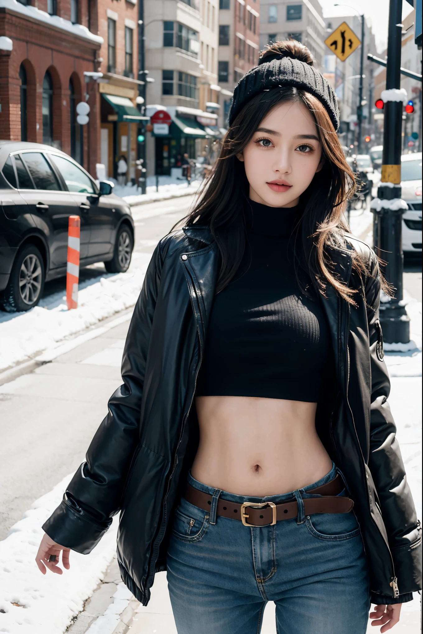 A girl, winter,City Streets,Navel down jacket, Low-rise pants, Leather belt, Upper body capture, The abdomen is completely bare, Large scale navel exposure,Detailed facial features, beautiful eyes, Lips, and long eyelashes, Reality, 8K, Very detailed, Vibrant colors, work, Anatomically correct