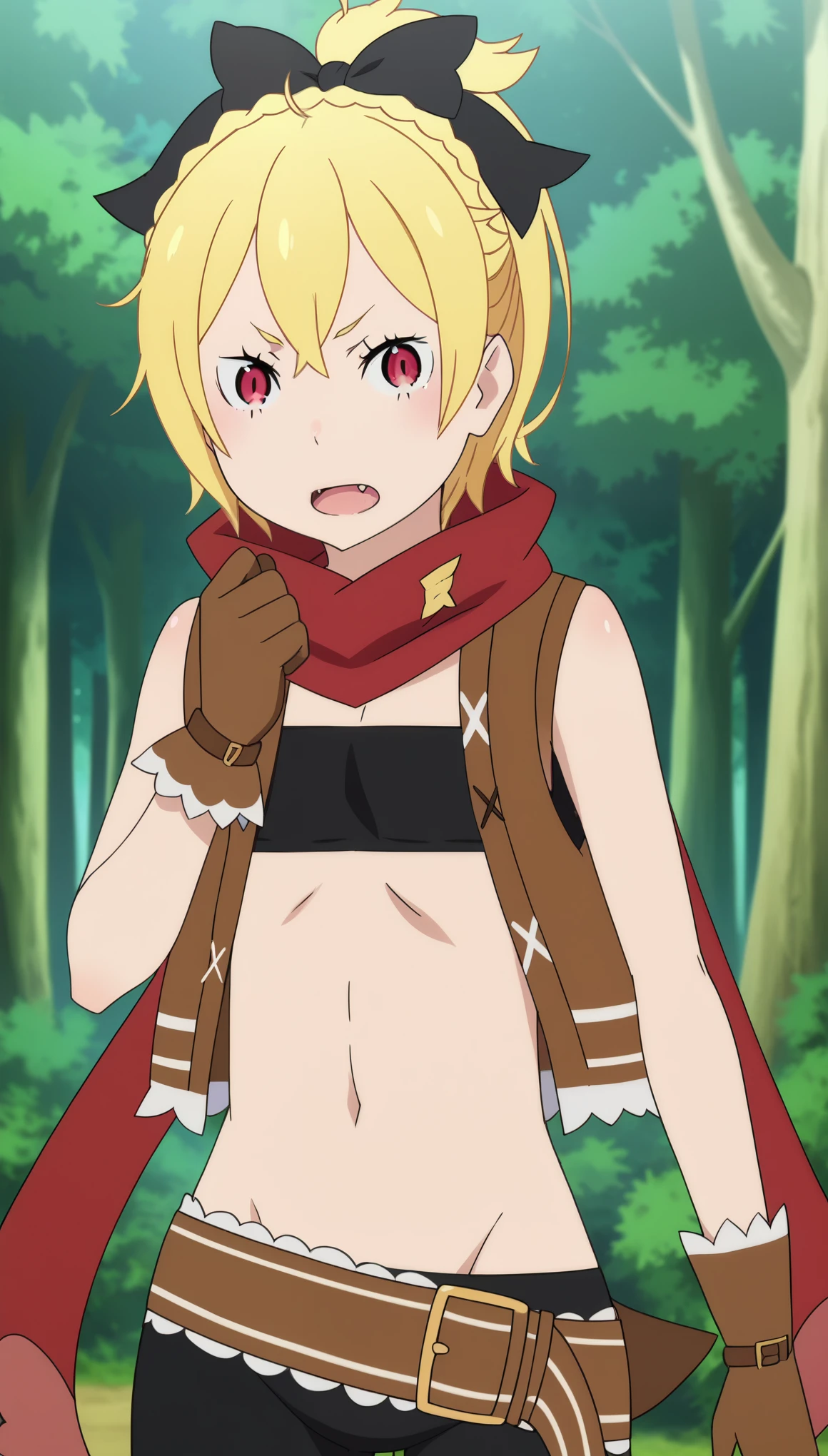 anime screencap, anime coloring,source_anime, rezero_style,BREAK
red eyes,hair between eyes,blonde hair, 1girl,solo, hair bow, short hair, crown braid, flat chest,,brown vest, bandeau, brown gloves, midriff, black pants, (asymmetrical legwear:1.1), (single pantsleg:1.1), (red scarf:0.8), brown belt,
,standing,fang, looking at viewer, upper body,
outdoors, forest,