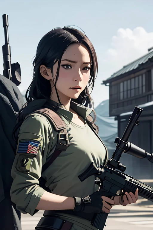 survival game、Heavy Armored Soldier、survival gameのフィールド、A beautiful girl is holding a firearm、head to waste、Vulcan cannon、m134 milligun、Material Rifle、heavy machine gun、