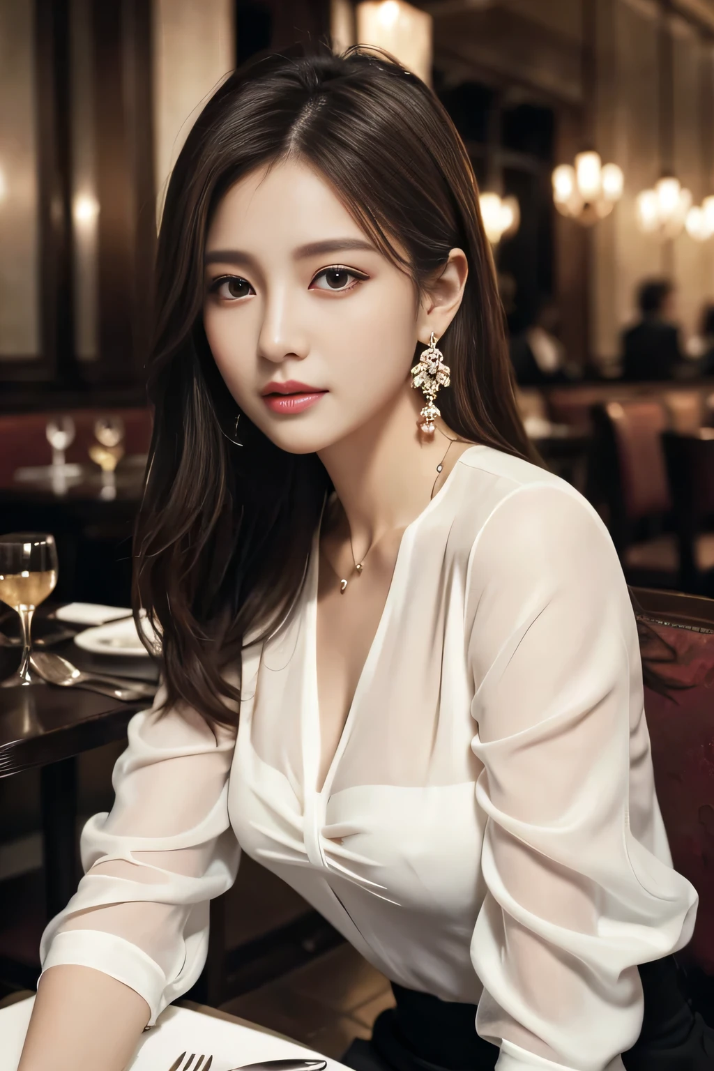 masterpiece, highest quality, Realistic, Very detailed, Finer details, High resolution, 8k wallpaper, One beautiful woman, Wear an elegant white see-through blouse, In a great restaurant, At night, Light brown messy hair, Perfect dynamic composition, Beautiful and beautiful eyes、Big earrings、Sitting in a chair、
