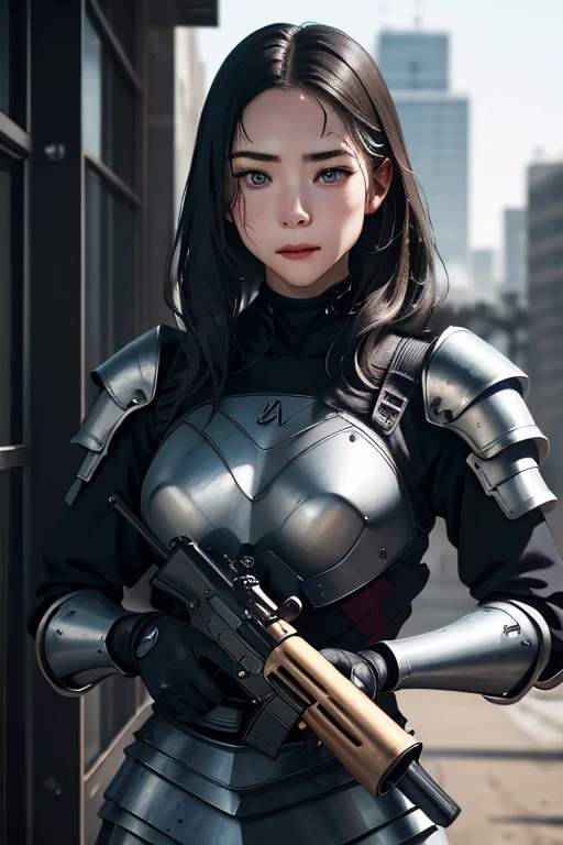survival game、Heavy Armored Soldier、survival gameのフィールド、A beautiful girl is holding a firearm、head to waste、Vulcan cannon、m134 milligun、Material Rifle、heavy machine gun、