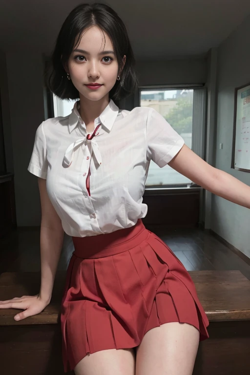 Korean ,Sekolah dasar uniform shirt(top with skirt red),Ribbon Ties,White chool Classroom,red skirt,school stairs,Chest thrust pose,(the breasts are large),8K raw photos,A high resolution,cool Korean at ,very large round breasts,beautiful eyes in detail,long eyelasher,beautiful double eyelid,eye shadows,eyes liner,Cut Eyes,Elongated eye shape,Sanpaku eyes,evilsmile,Evil expression, Beautiful very thin legs,Beautiful very thin thighs,Random short hair,Hair tied behind the head,large circle earrings,(Short messy hair),With gray eyes(with black curled hair)(Close-up),(Wrapped feeling)