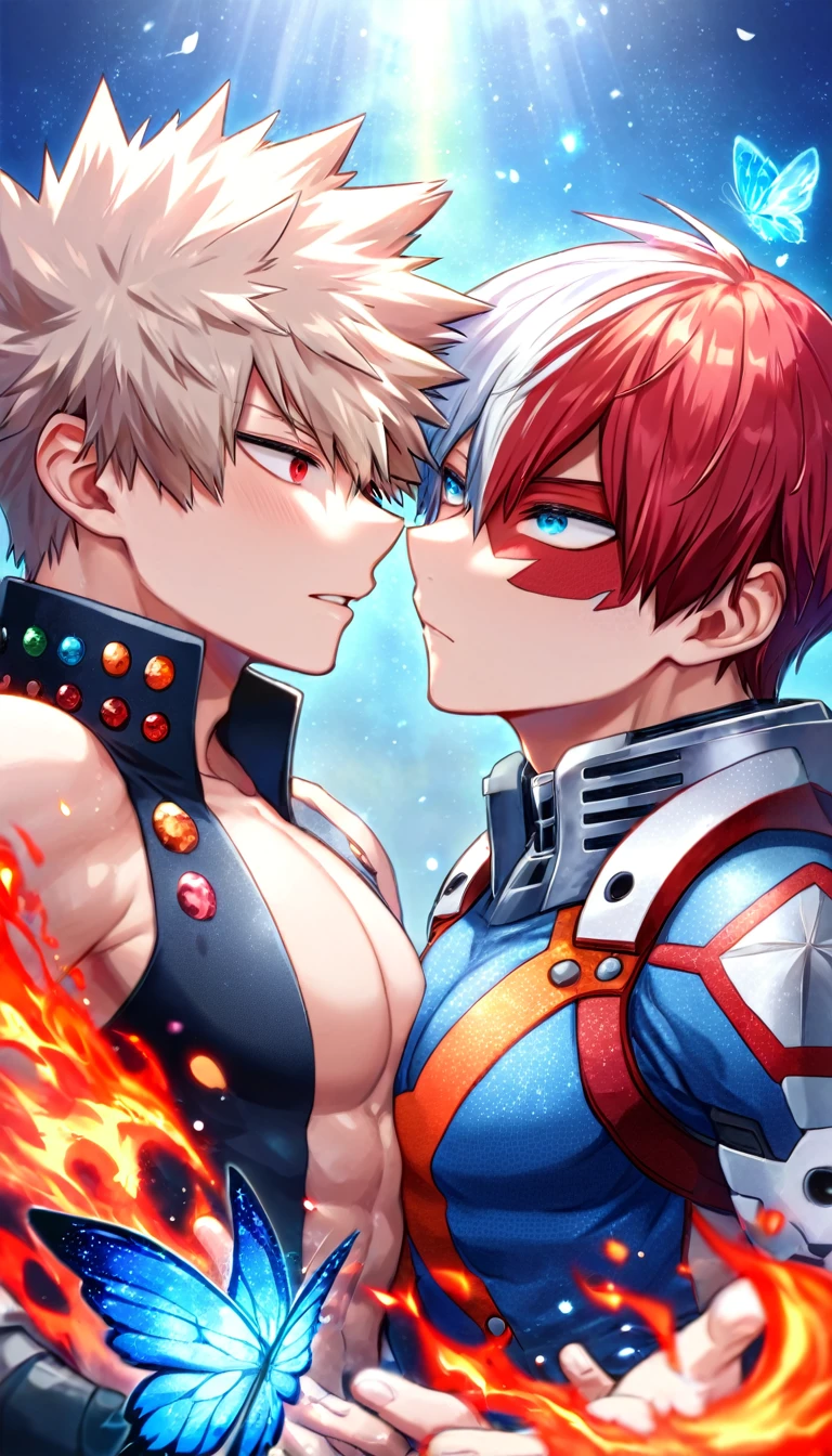 Ultra detailed, Highres, absurdres, HDR, Todoroki Shouto, bicolored hair, white right side hair, red left side hair, expressive blue eyes, Bakugo Katsuki, ash blond hair, expressive red eyes, blue flowers, Boku No Hero Academia, petals, handsome, two sexy man together, gay couple, yaoi, love, very detailed eyes and face, glittering blue butterflies, master piece, toned chest, glittering, fantasy, cross, blue background, blue flames, magical, fire and ice, black hero clothes