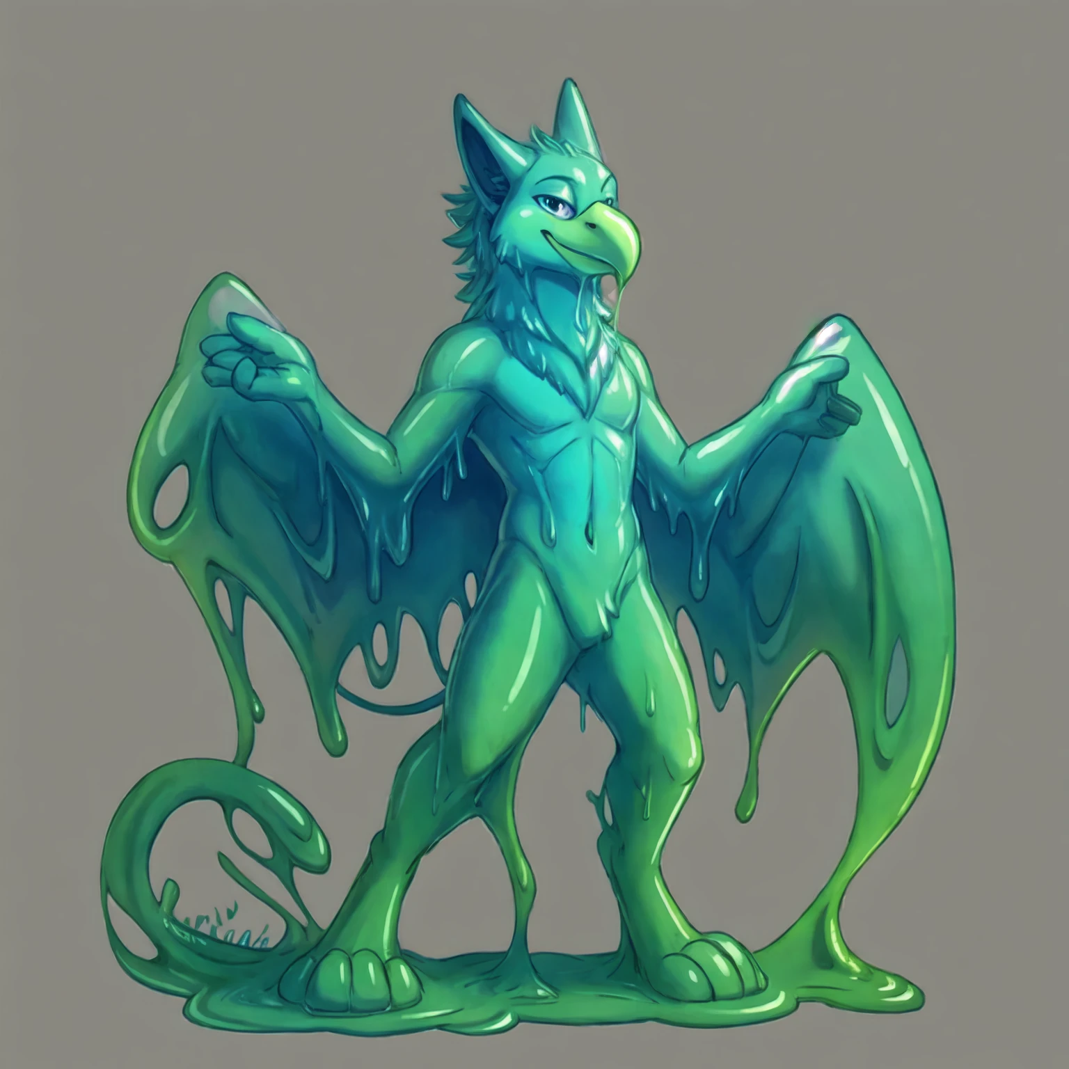 felix the slime gryphon, male, solo, gryphon, avian, gooey wings, looking at viewer, gooey beak, gooey body, 5 fingers, gooey hands, green and blue slime, featureless , , smile, bedroom eyes, , simple grey background