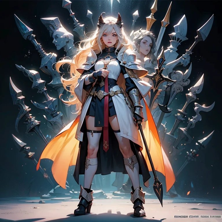 Design a layout showcase Gaming character, (1girl). Golden+Purle clothes, stylish and unique, ((showcase weapon:1.4)), magic staff, (masterpiece:1.2), (best quality), 4k, ultra-detailed, (Step by step design, layout art:1.5), (luminous lighting, atmospheric lighting), magican, ((glove full hands)), (((revealing clothes:1.3))), vambraces, armored legwear, (((full_body_shot:1.4)))