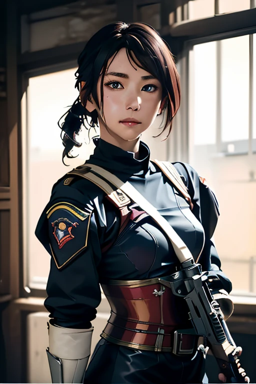 survival game、Heavy Armored Soldier、survival gameのフィールド、A beautiful girl is holding a firearm、head to waste、Vulcan cannon、m134 milligun、Material Rifle、heavy machine gun、