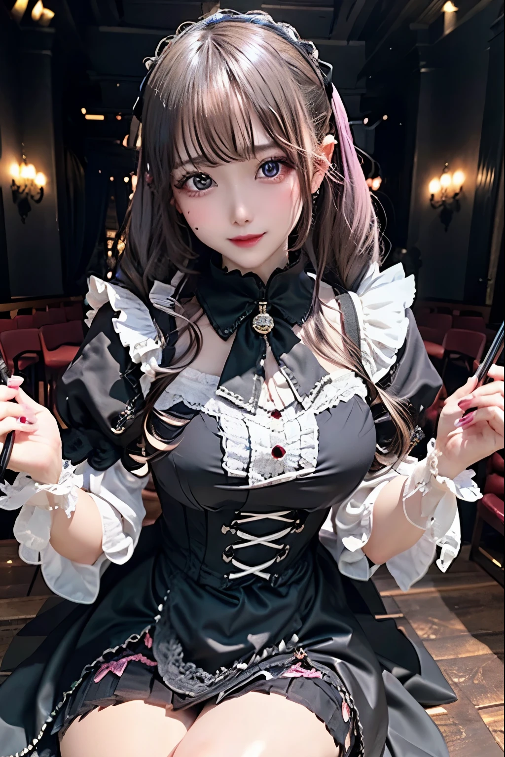 ハードDark Gothicメイク、Deep Night Sky、Horror、Black dark eyeshadow、sad、Good skin radiance、Dark Gothicメイク、Dark smile、palace、24-years-old、Embarrassed look、Dark Gothic、Obscene language、highest quality、Drunk face、紫のMaid clothes、Mysterious、Noble、sexy、Loving smile、Right blue eye, Left eye is red、Platform Heel Shoes、Heavy makeup、Gothic Lolita Clothing、A little slimmer、Silver Hair、Long Hair Straight Hair、Cute Gothic Lolita Dress、Beautiful Face、elegant features、Fascinating face、Stained glassが背景、Chest glistening with sweat、The room is dark、gothic long dress、Bell Sleeves、Wizard Sleeve、Decadent look、Sexually excited expression、Glossy thighs wet with water、Thighs that are wet and shiny with oil、Background of a room full of roses、The embroidery is pink、The dress has pink embroidery、Thigh-high socks、Knee-high socks、Gentle expression、Dark black eyeshadow、Stained glassと薔薇背景、Female Duo、Female couple、dark church background、Stained glass、Black metal world、Dark Castle、Slender body、gothic long dress、Maid clothes、Victorian dresses、Her thighs glisten with sweat、My body is wet and shiny、Lots of glitter on the thighs、My thighs are sticky from sweating、Sweat glistens on the thighs, The whole body is sweaty and shiny、Quite sweaty、My thighs are sweaty、My thighs are so wet、My thighs are shining with sweat、A lot of sweat glistens all over the body、Small breasts、Orchestra StageStage、Dynamic Angle、sitting on a gothic chair、Play the violin gracefully、With a violin、Press the violin strings、rubbing the violin strings、violinist、orchestra performance、Thin thighs、