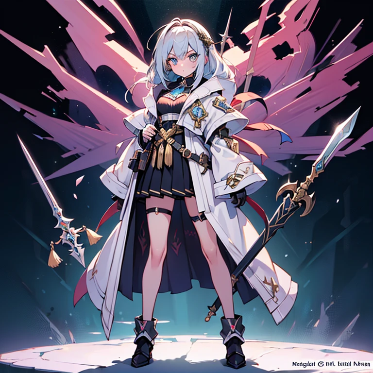Design a layout showcase Gaming character, (1girl). Golden+Purle clothes, stylish and unique, ((showcase weapon:1.4)), magic staff, (masterpiece:1.2), (best quality), 4k, ultra-detailed, (Step by step design, layout art:1.5), (luminous lighting, atmospheric lighting), magican, ((glove full hands)), (((revealing clothes:1.3))), vambraces, armored legwear, (((full_body_shot:1.4)))