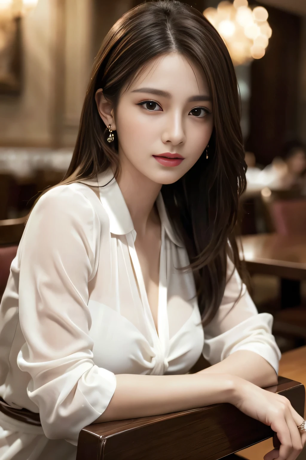 masterpiece, highest quality, Realistic, Very detailed, Finer details, High resolution, 8k wallpaper, One beautiful woman, Wear an elegant white see-through blouse, In a great restaurant, At night, Light brown messy hair, Perfect dynamic composition, Beautiful and beautiful eyes、Big earrings、Sitting in a chair、