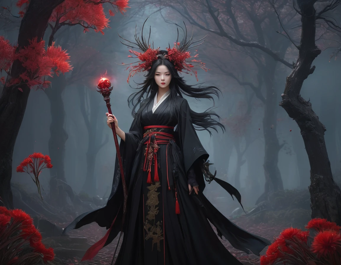 (Lycoris:1.5)，Flower of the other shore is charming，Mysterious Manzhu Shahua，地狱之门绽放of血色鬼花，Leading souls to the afterlife，charm，Flirtatious，of，Dark fantasy art, Dark Flower Shaman, Dark fantasy concept art, Bloodborne Concept Forest, Dark Concept Art, Holding a bloody bone scepter，Feiyu Xunhua, Diablo digital concept art, Dark fantasy art style, dark flowers, 🌺 CG Society, bloodborne art, photorealistic Dark Concept Art,  Reuven Tan,红袍女子站在恶魔面前of画, Goddess of Death, Beautiful Shinigami, 美丽优雅of恶魔女王, Dark fantasy art, Death Portrait, Onmyoji Detailed Art, Persephone as the Goddess of Death, 美丽of亡灵法师, 不祥of幻想插畫