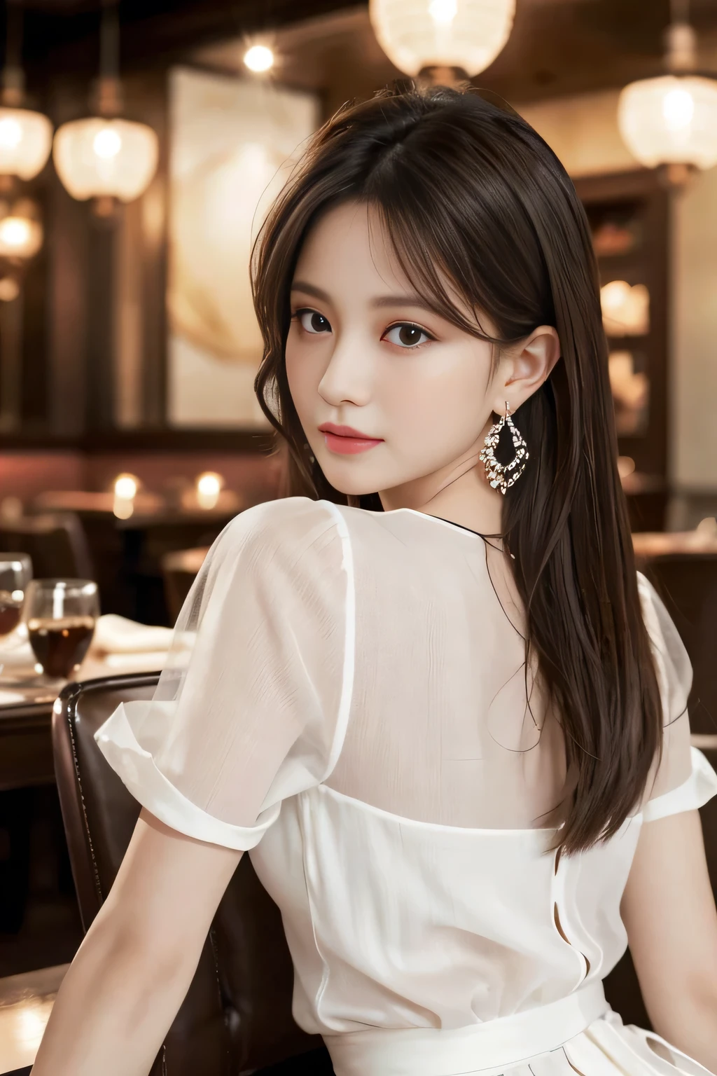 masterpiece, highest quality, Realistic, Very detailed, Finer details, High resolution, 8k wallpaper, One beautiful woman, Wear an elegant white see-through blouse, In a great restaurant, At night, Light brown messy hair, Perfect dynamic composition, Beautiful and beautiful eyes、Big earrings、Sitting in a chair、