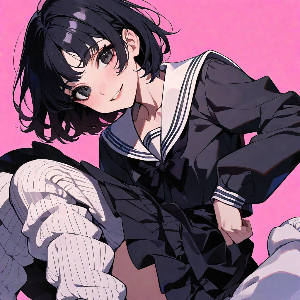 solo, handsome, 1. Female,Straight Short Hair, black hair, black eyes,Soft look,Lolita,high school girl,Sailor suit,loose socks,Best,skin,,smile,pink background