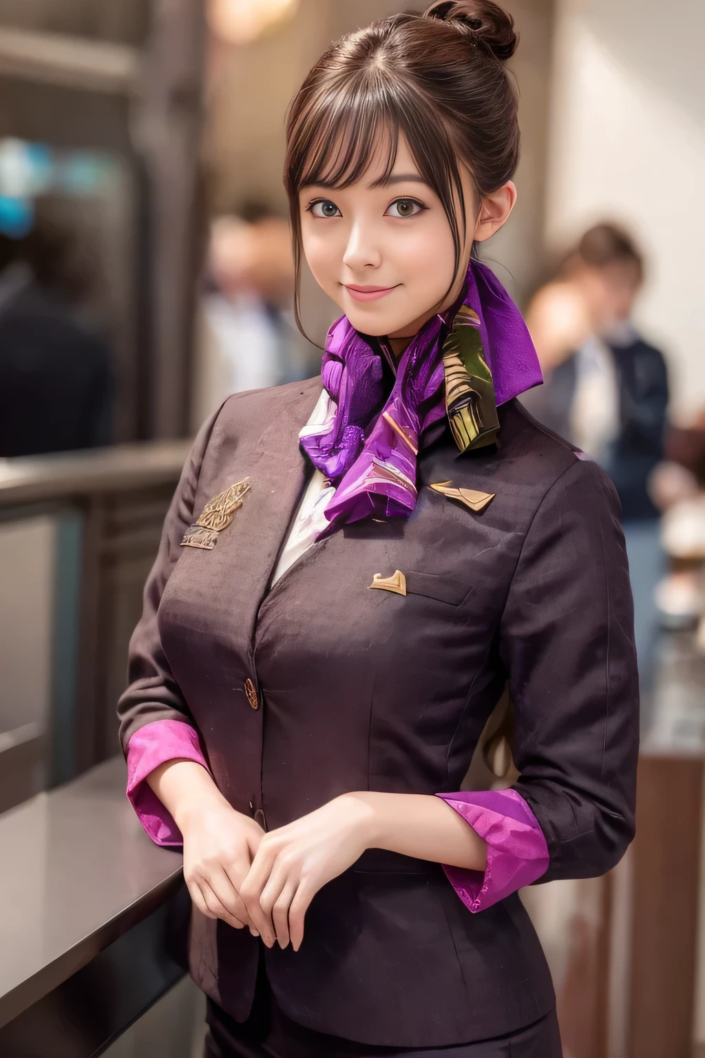 (masterpiece:1.2、highest quality:1.2)、32K HDR、High resolution、(alone、1 girl、Slim figure)、（Realistic reproduction of Etihad Airways flight attendant uniforms）、 (At the airport counter, Professional Lighting)、A proper woman, Beautiful Face,、（Etihad Airways flight attendant long sleeve uniform）、（Etihad Airways flight attendant uniforms、Skirt with purple stripes on the front）、（Scarf around the neck）、Big Breasts、（long hair、Hair Bun）、Dark brown hair、Long Shot、（（Great hands：2.0））、（（Harmonious body proportions：1.5））、（（Normal limbs：2.0））、（（Normal finger：2.0））、（（Delicate eyes：2.0））、（（Normal eyes：2.0））)、Beautiful standing posture、smile