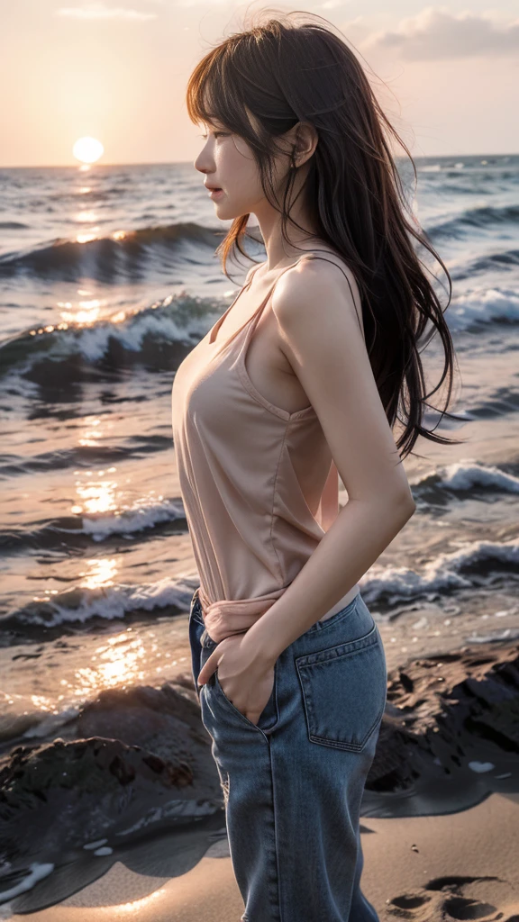 arafed woman standing on the beach at sunset with her hands in her pockets, bae suzy, jaeyeon nam, at beach at sunset, with sunset, jinyoung shin, at a beach, with long hair, xintong chen, posing on a beach with the ocean, with bangs, at the beach, on beach, in the beach, ulzzang, profile pic