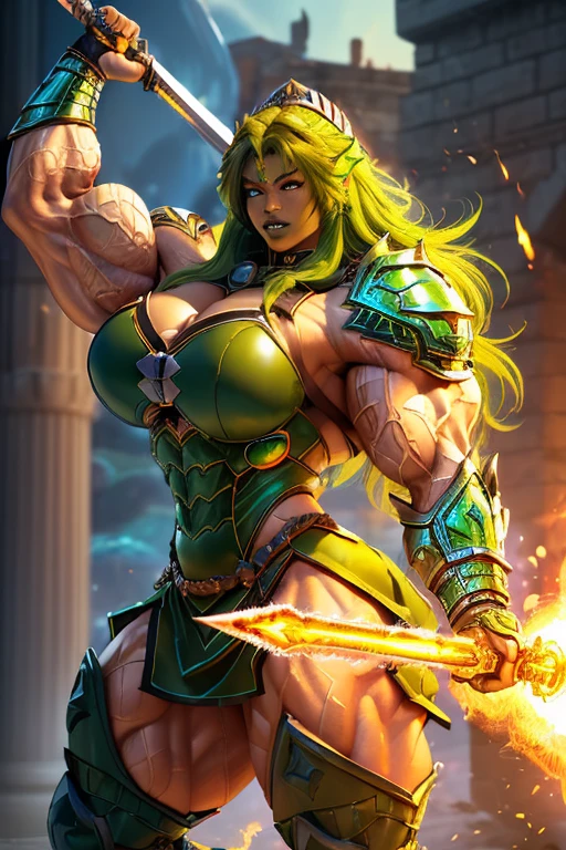 ((((Massive, beautiful, buff, light brown skinned, muscular warrior princess with green hair, black lipstick, ginormous bulky muscles, welding a fire sword and wearing a beautiful armored green warrior princess dress)))), {close view}, vascular, massive muscles, massive biceps, hyper muscle shoulders, hyper muscle triceps, (long curvy hair), orange eyes, long beautiful princess skirt, (high heels), closed smile, in a castle, at evening, Vascular arms, hyper muscles arms, hyper muscle legs, massive arms.