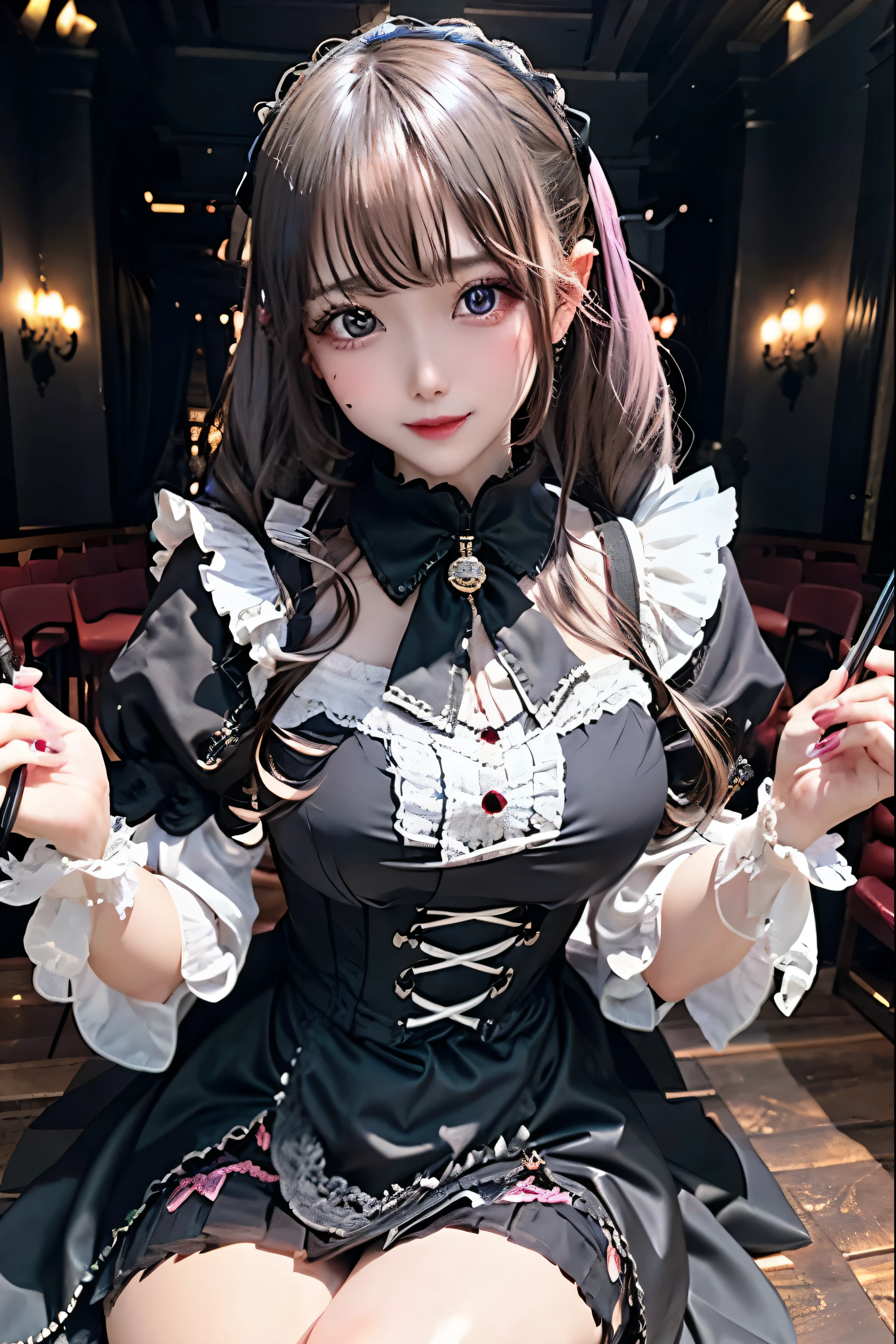 Hard Dark Gothic Makeup、Deep Night Sky、Horror、Black dark eyeshadow、sad、Good skin radiance、Dark Gothicメイク、Dark smile、palace、24-years-old、Embarrassed look、Dark Gothic、Obscene language、highest quality、Drunk face、紫のMaid clothes、Mysterious、Noble、sexy、Loving smile、Right blue eye, Left eye is red、Platform Heel Shoes、Heavy makeup、Gothic Lolita Clothing、A little slimmer、Silver Hair、Long Hair Straight Hair、Cute Gothic Lolita Dress、Beautiful Face、elegant features、Fascinating face、Stained glass is the background、Chest glistening with sweat、The room is dark、gothic long dress、Bell Sleeves、Wizard Sleeve、Decadent look、Sexually excited expression、Glossy thighs wet with water、Thighs that are wet and shiny with oil、Background of a room full of roses、The embroidery is pink、The dress has pink embroidery、Thigh-high socks、Knee-high socks、Gentle expression、Dark black eyeshadow、Stained glass and rose background、Female Duo、Female couple、dark church background、Stained glass、Black metal world、Dark Castle、Slender body、gothic long dress、Maid clothes、Victorian dresses、Her thighs glisten with sweat、My body is wet and shiny、Lots of glitter on the thighs、My thighs are sticky from sweating、Sweat glistens on the thighs, The whole body is sweaty and shiny、Quite sweaty、My thighs are sweaty、My thighs are so wet、My thighs are shining with sweat、A lot of sweat glistens all over the body、Small breasts、Orchestra StageStage、Dynamic Angle、sitting on a gothic chair、Play the violin gracefully、With a violin、Press the violin strings、rubbing the violin strings、violinist、orchestra performance、Thin thighs、
