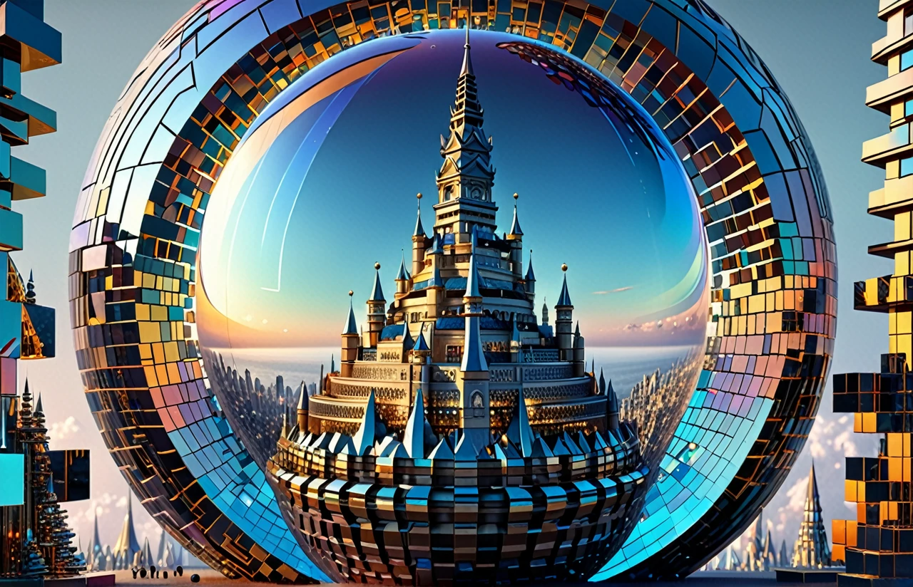 best quality, super fine, 16k, RAW photo, photorealistic, incredibly absurdres, extremely detailed, tower made of many giant geometrically shaped blocks stacked on top of each other, translucent iridescent sphere that shines in the center, fantasy world image, fantastic and mysterious