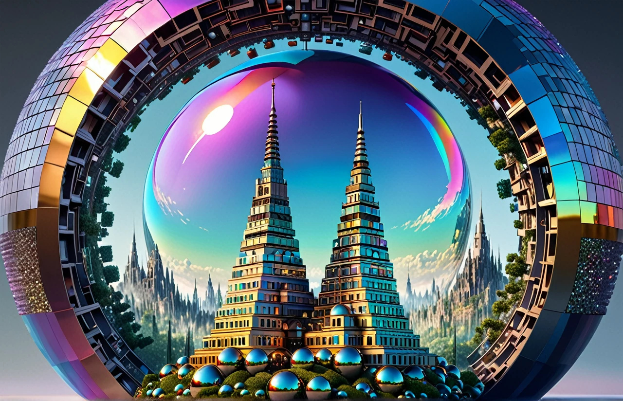 best quality, super fine, 16k, RAW photo, photorealistic, incredibly absurdres, extremely detailed, tower made of many giant geometrically shaped blocks stacked on top of each other, translucent iridescent sphere that shines in the center, fantasy world image, fantastic and mysterious