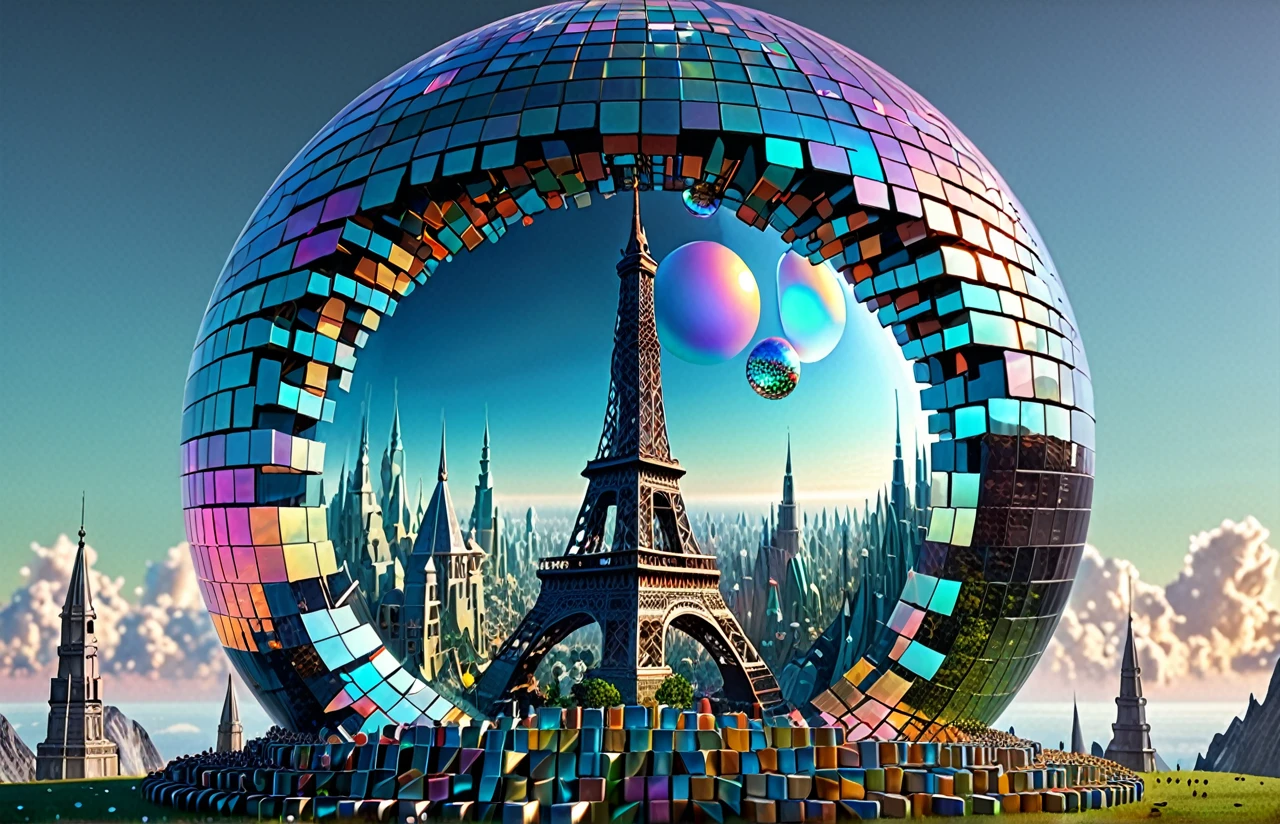 best quality, super fine, 16k, RAW photo, photorealistic, incredibly absurdres, extremely detailed, tower made of many giant geometrically shaped blocks stacked on top of each other, translucent iridescent sphere that shines in the center, fantasy world image, fantastic and mysterious