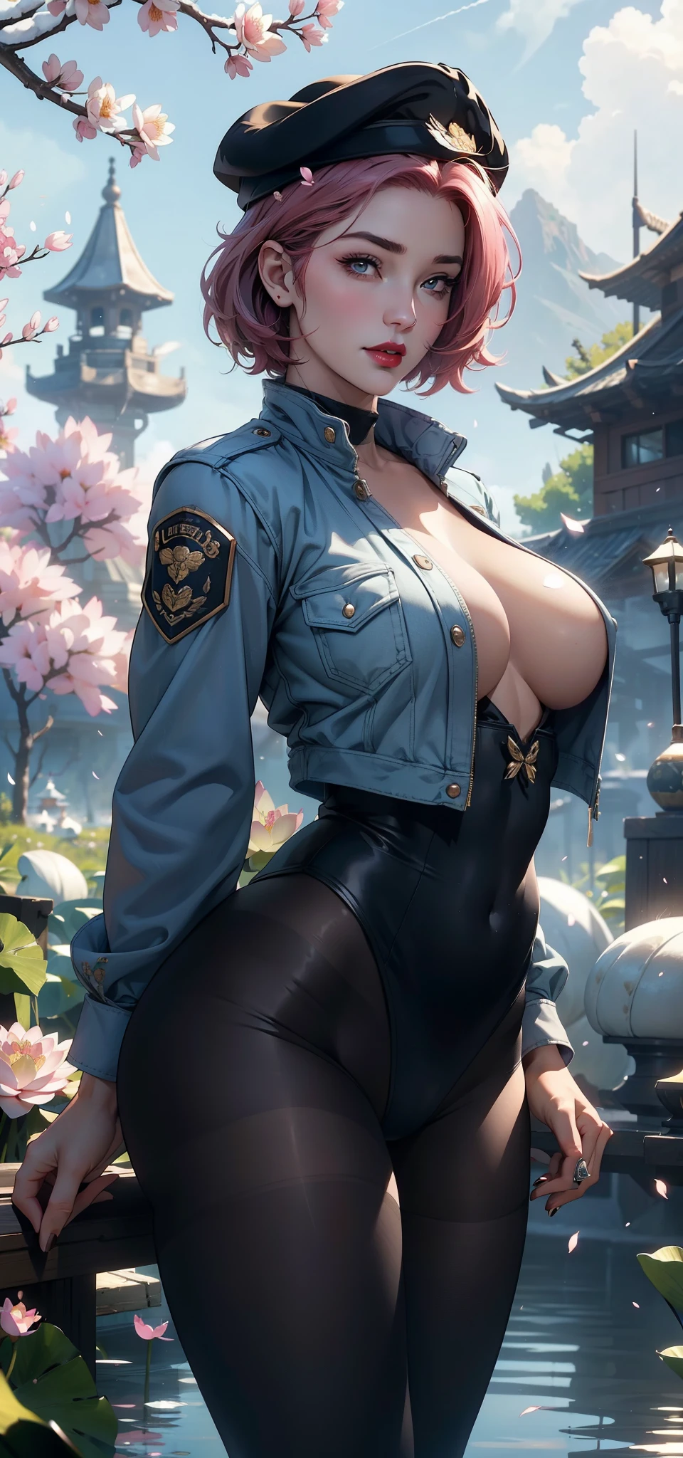 1female,45 yers old,Married Woman,MILF,plumw,extremely large bosom, solo,(Background with:ponds,Cherry blossom forest,lotus flower)Lie underwater, She has short pink hair,seen from the front,, mostly cloudy sky,(((tmasterpiece),(Very detailed CG unity 8K wallpaper),best qualtiy,cinmatic lighting,detailed back ground,beatiful detailed eyes,Bright pupils,Black eyes,Snow-whiteskin,Redlip(Very fine and beautiful),(Beautiful and detailed eye description),ultra - detailed,tmasterpiece,))facing at camera,A high resolution,ultra - detailed),revealing breasts,Bare genitalia, Bulge,legs are open,Raised sexy,Camel toes,Desire for dissatisfaction,frontage,us airforce,beret(Wearing:jean jacket,Black tights,)