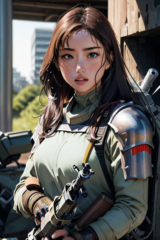 survival game、Heavy Armored Soldier、survival gameのフィールド、A beautiful girl is holding a firearm、head to waste、Vulcan cannon、m134 milligun、Material Rifle、heavy machine gun、