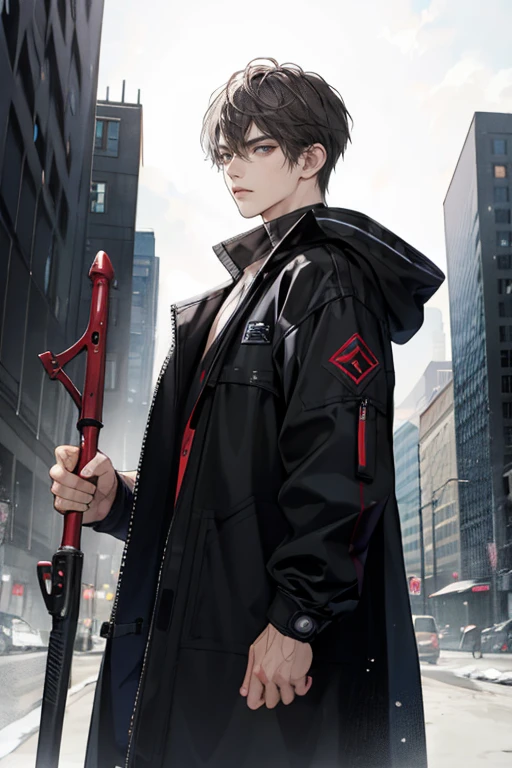 1male, looking at viewer, solo, black techwear coat, hood, dark night city, short gray shaggy hair, brutal, detalized face, with buckle and tape, Carrying a weapon on his back, serious expression, vampire hunter
