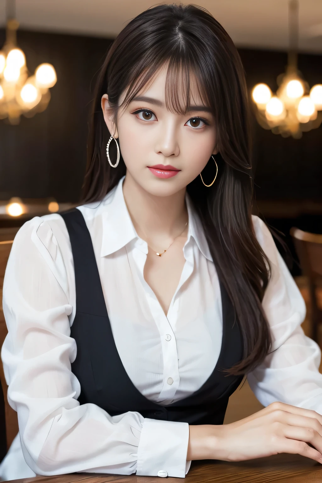 masterpiece, highest quality, Realistic, Very detailed, Finer details, High resolution, 8k wallpaper, One beautiful woman, Wear an elegant white see-through blouse, In a great restaurant, At night, Light brown messy hair, Perfect dynamic composition, Beautiful and beautiful eyes、Big earrings、Sitting in a chair、