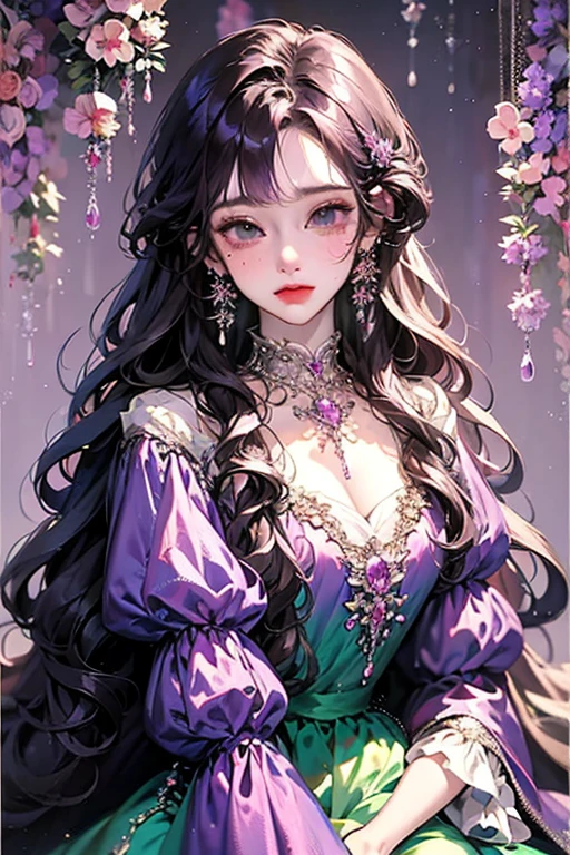 Anime girl sit posing for photo with long purple hair and earrings, an anime drawing inspired by Yanjun Cheng, Pisif, Fantasy art, purple flowing hair, Long curly purple hair, Guviz, a beautiful anime portrait, Guviz-style artwork, in the art style of bowater, Anime girl with long hair, purple wavy hair, Beautiful anime style