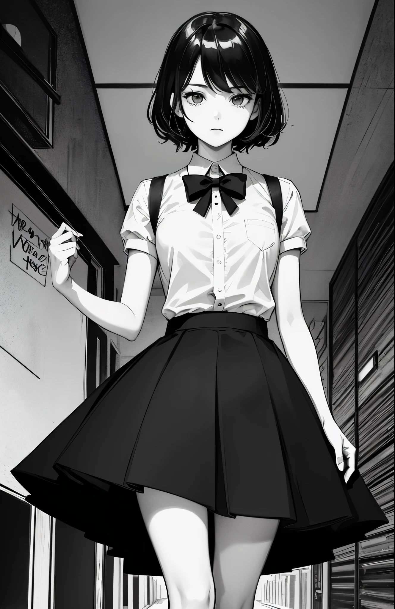 (Noir comic style illustration:1.2),(Black and White_High Contrast),One Girl,Line art,Monochrome,sketch,Pencil drawing,Traditional Media,One Girl,skirt,Short sleeve、Are standing, (Cute Teenage Girls, alone),Beautiful portrait、Delicate body、Respect、sketchブック、Black Hair,Beautiful Landscape,sketch,