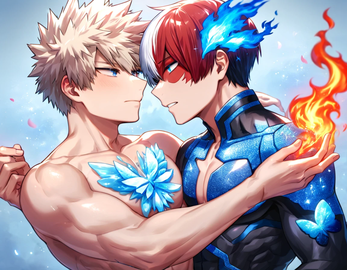 Ultra detailed, Highres, absurdres, HDR, Todoroki Shouto, bicolored hair, white right side hair, red left side hair, expressive blue eyes, Bakugo Katsuki, ash blond hair, expressive red eyes, blue flowers, Boku No Hero Academia, petals, handsome, two sexy man together, gay couple, yaoi, love, very detailed eyes and face, glittering blue butterflies, master piece, toned chest, glittering, fantasy, cross, blue background, blue flames, magical, fire and ice, black hero clothes